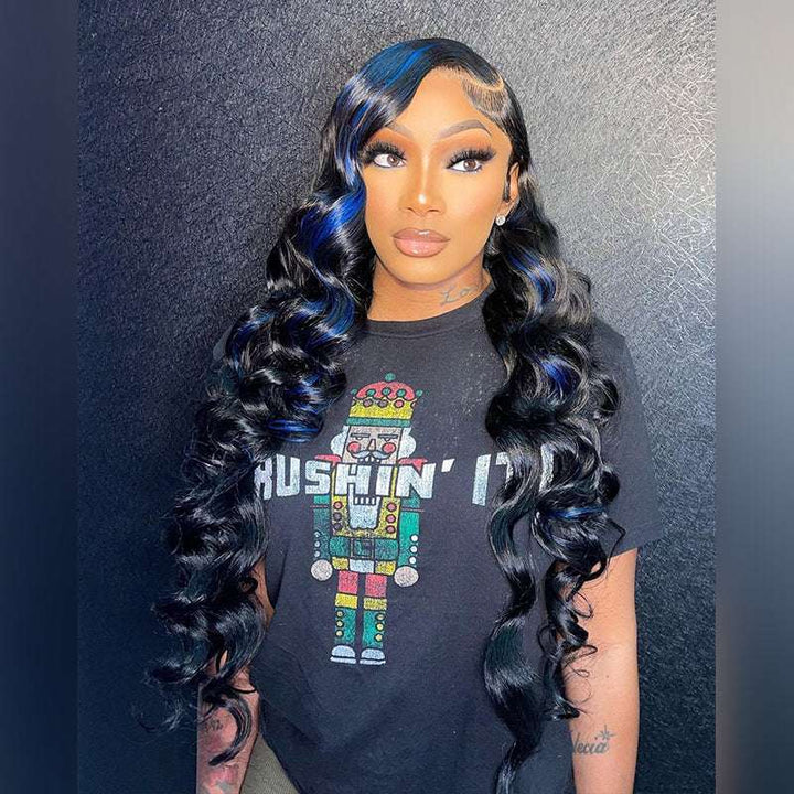 Wand Curls Loose Deep Wave wig, Blue Highlights, high density human hair