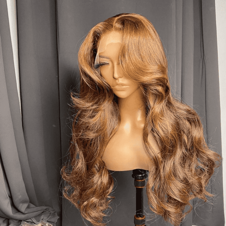 Women wearing Light Chestnut Brown Curtain Bangs Human Hair Wig