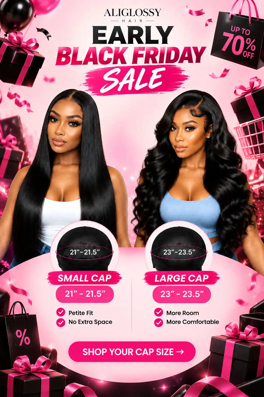 ALIGLOSSY Early Black Friday Sale - Big Head Friendly Large Cap 23-23.5 inch and Small Cap 21-21.5 inch Human Hair Wigs with comfortable fit and natural look