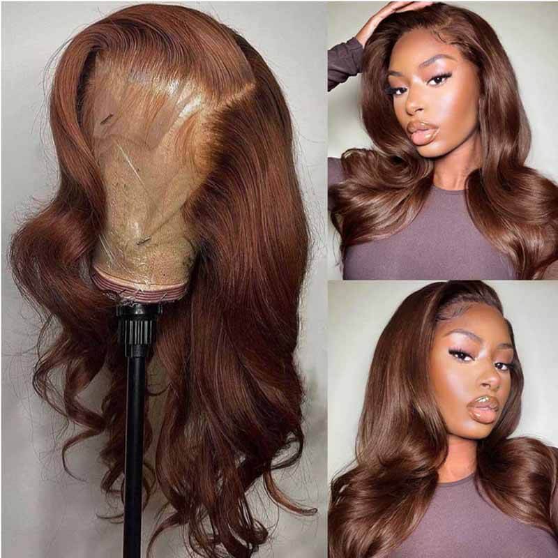 ALIGLOSSY 200% 250% Density Chocolate Light Brown Color Hair Body Wave 13x4 HD Transparent Lace Front  Human Hair Wig