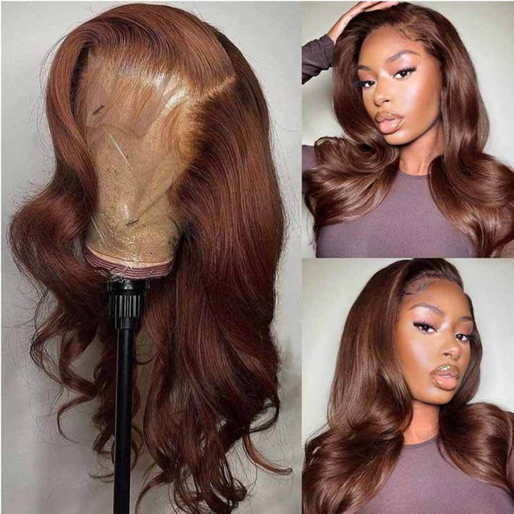 ALIGLOSSY 200% 250% Density Chocolate Light Brown Color Hair Body Wave 13x4 HD Transparent Lace Front  Human Hair Wig