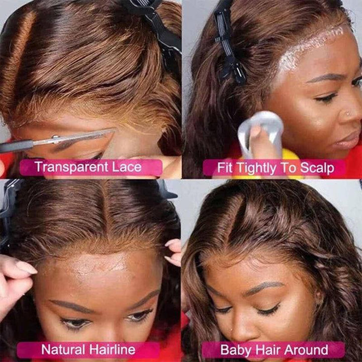 ALIGLOSSY 13x4 Chocolate Brown Body Wave Wig 180 Density HD Transparent Wavy Human Hair Wigs