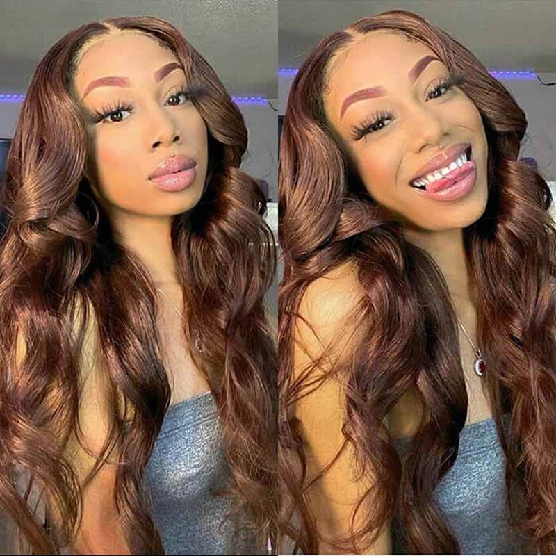 ALIGLOSSY 200% 250% Density Chocolate Brown Color Body Wave 13x4 Lace Front Wig