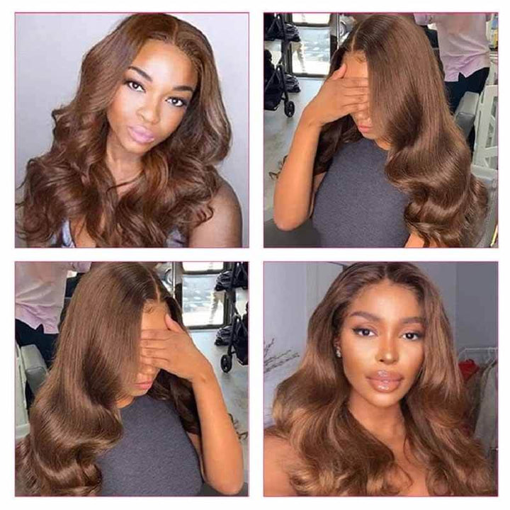 ALIGLOSSY 200% 250% Density Chocolate Light Brown Color Hair Body Wave 13x4 HD Transparent Lace Front  Human Hair Wig