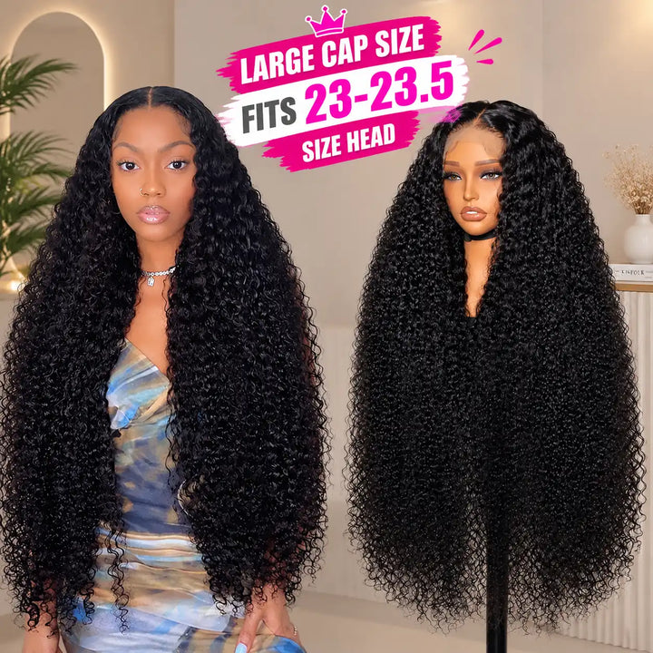 23-23.5 INCH Large Cap Size Kinky Curly 13x4 HD Lace Frontal Human Hair Wig 200% 250% Density-ALIGLOSSY