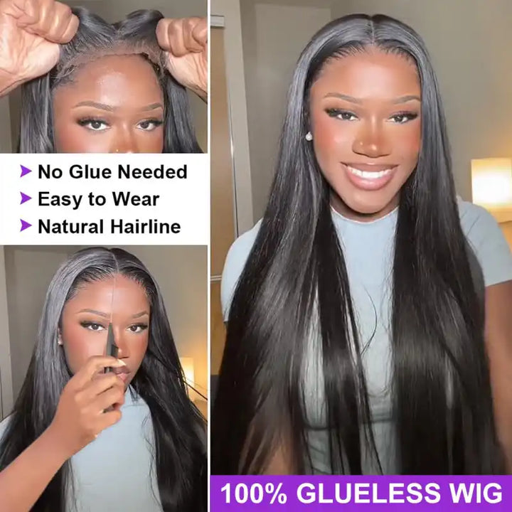 100% human hair glueless straight wig, 4x4 lace front with adjustable straps for secure fit