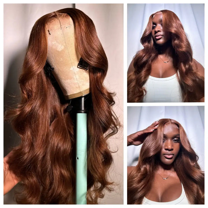 ALIGLOSSY 13x4 Chocolate Brown Body Wave Wig 180 Density HD Transparent Wavy Human Hair Wigs