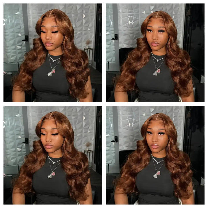ALIGLOSSY 13x4 Chocolate Brown Body Wave Wig 180 Density HD Transparent Wavy Human Hair Wigs