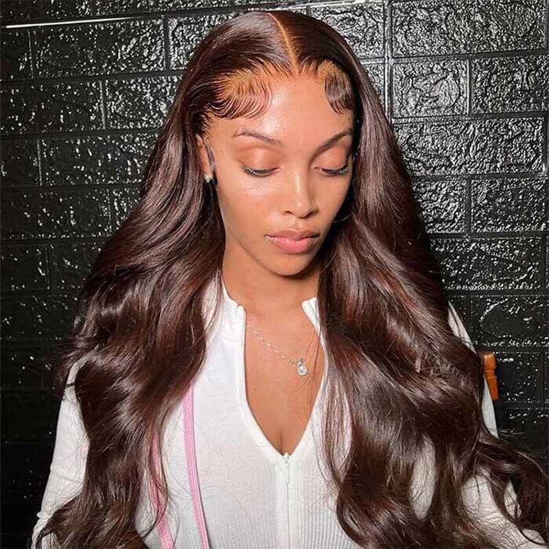 ALIGLOSSY 200% 250% Density Chocolate Light Brown Color Hair Body Wave 13x4 HD Transparent Lace Front  Human Hair Wig
