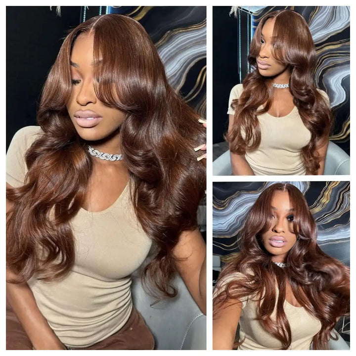 ALIGLOSSY 13x4 Chocolate Brown Body Wave Wig 180 Density HD Transparent Wavy Human Hair Wigs