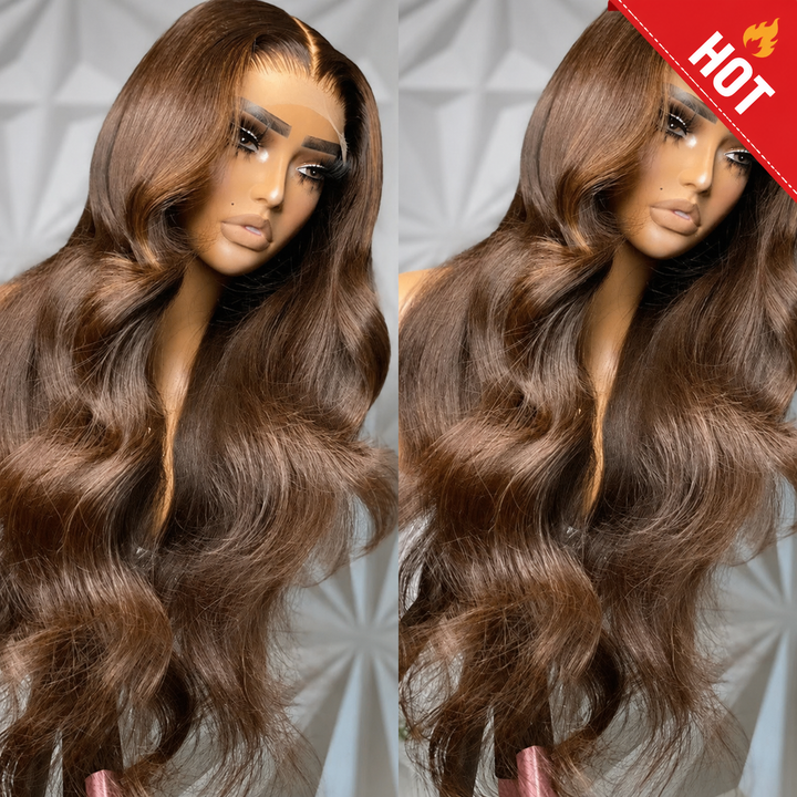 ALIGLOSSY 200% 250% Density Chocolate Light Brown Color Hair Body Wave 13x4 HD Transparent Lace Front  Human Hair Wig