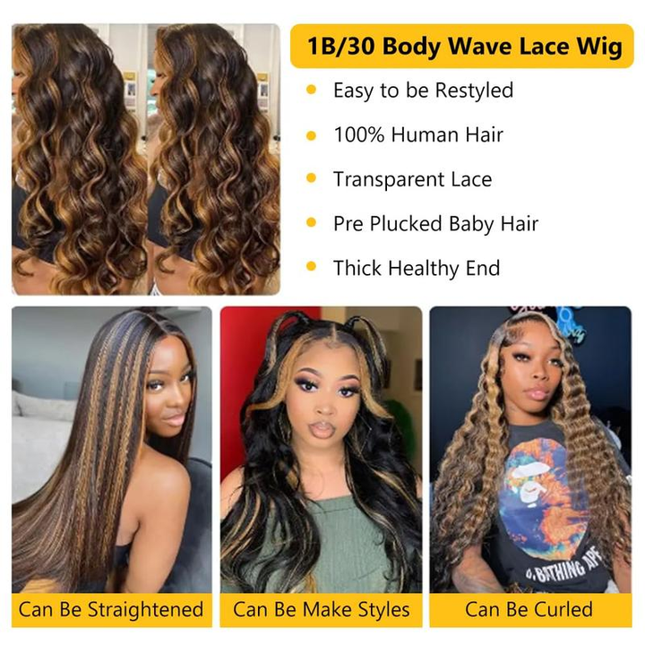 ALIGLOSSY 1B/30 Highlight Body Wave Wig Human Hair 13x6 HD Lace Front 180 Density