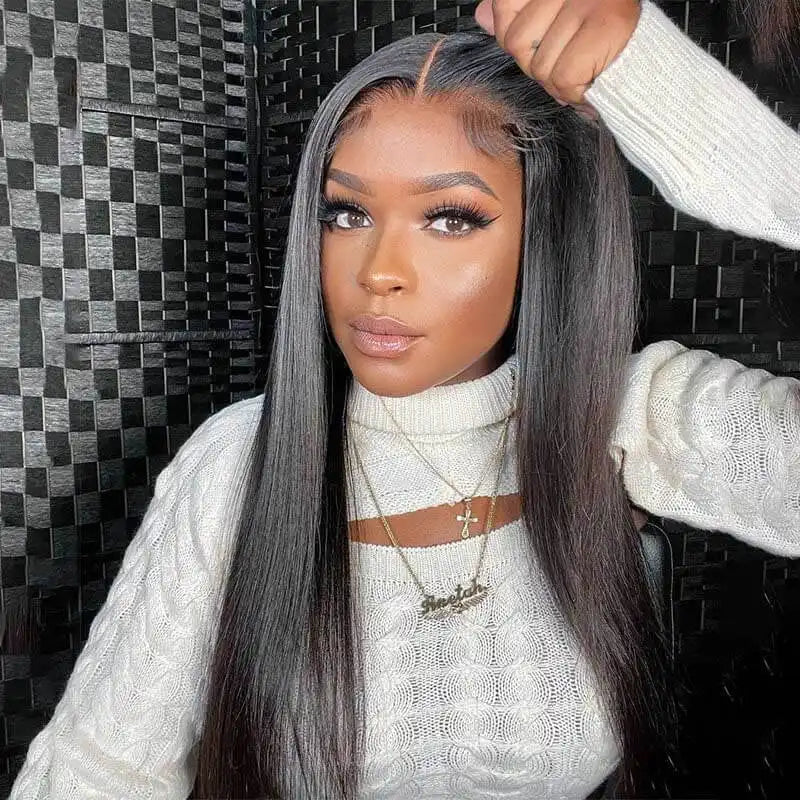 Glueless straight human hair wig with 5x5 HD transparent lace closure for beginners