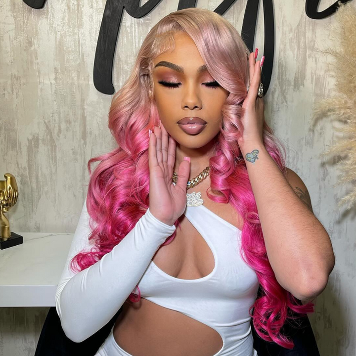 Aliglossy 250 300 Density Brazilian 13x4 HD Lace Front Body Wave Wig - Two Tone Ombre Platinum Blonde Rose Pink & Red Human Hair Wigs