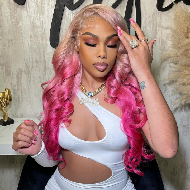 Aliglossy 250 300 Density Brazilian 13x4 HD Lace Front Body Wave Wig - Two Tone Ombre Platinum Blonde Rose Pink & Red Human Hair Wigs