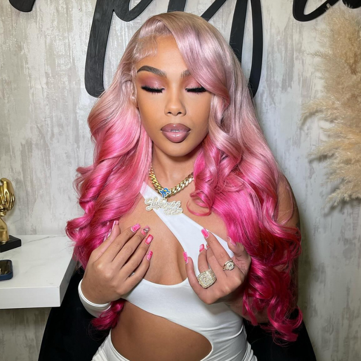 Aliglossy 250 300 Density Brazilian 13x4 HD Lace Front Body Wave Wig - Two Tone Ombre Platinum Blonde Rose Pink & Red Human Hair Wigs