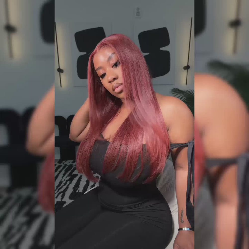 Glueless Reddish Brown Straight Human Hair Wig install Front View Natural Style