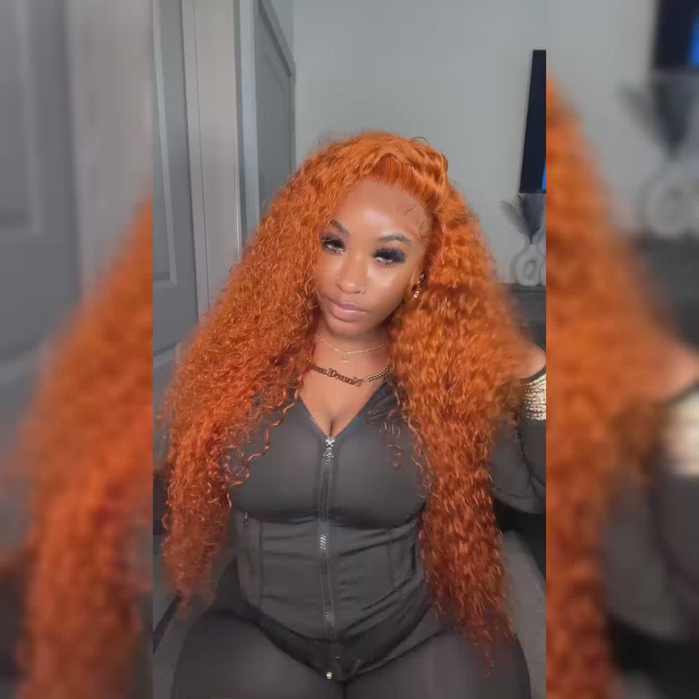 ALIGLOSSY Orange Ginger Deep Wave 13x4 HD Transparent Lace Front Human Hair Wig 180 Density Model Wearing