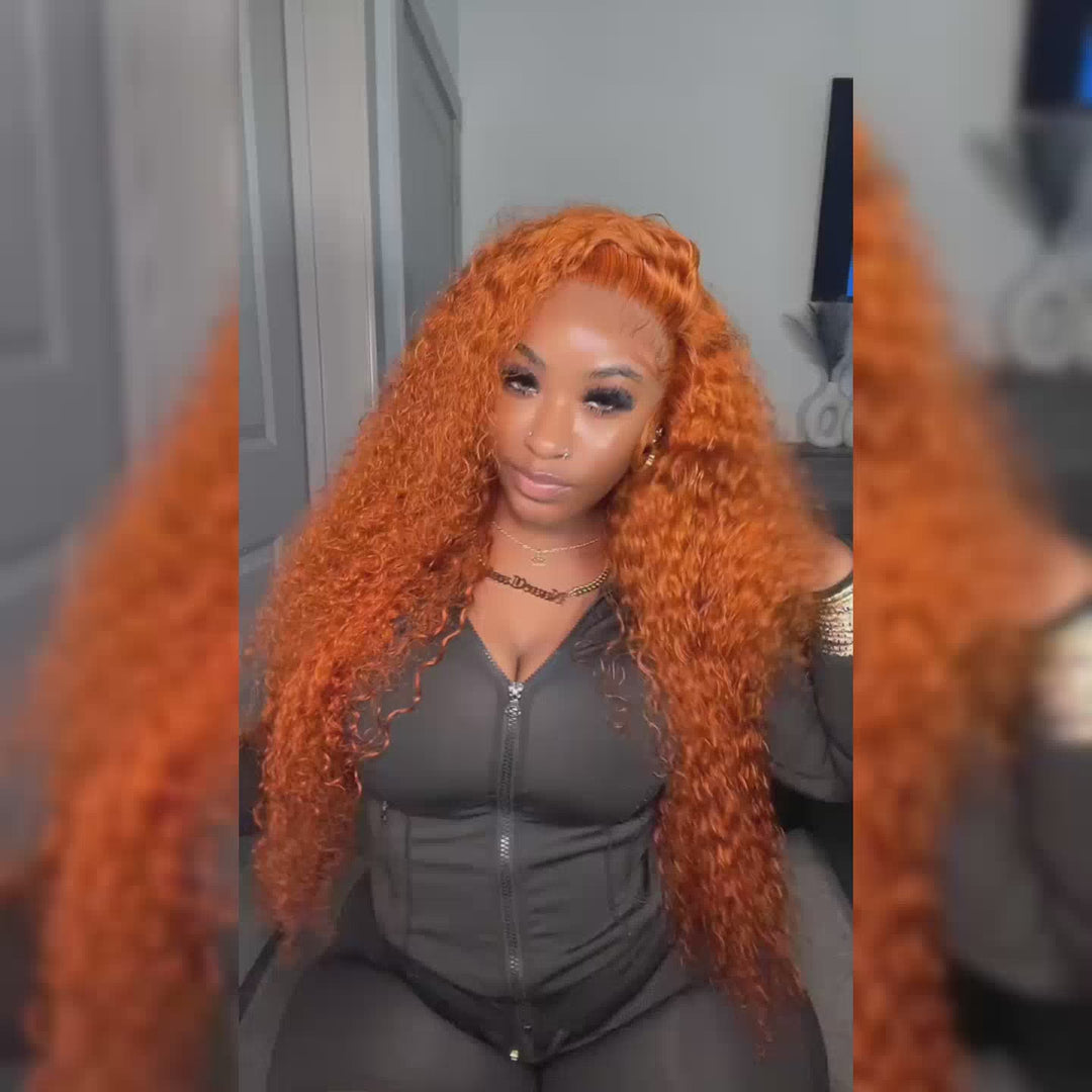 ALIGLOSSY Orange Ginger Deep Wave 13x4 HD Transparent Lace Front Human Hair Wig 180 Density Model Wearing