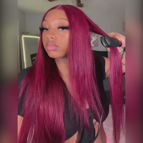 ALIGLOSSY 99J Brazilian Straight Body Wave Lace Front Wig 180 Density 13x4 HD Transparent Lace Frontal Human Hair Wigs