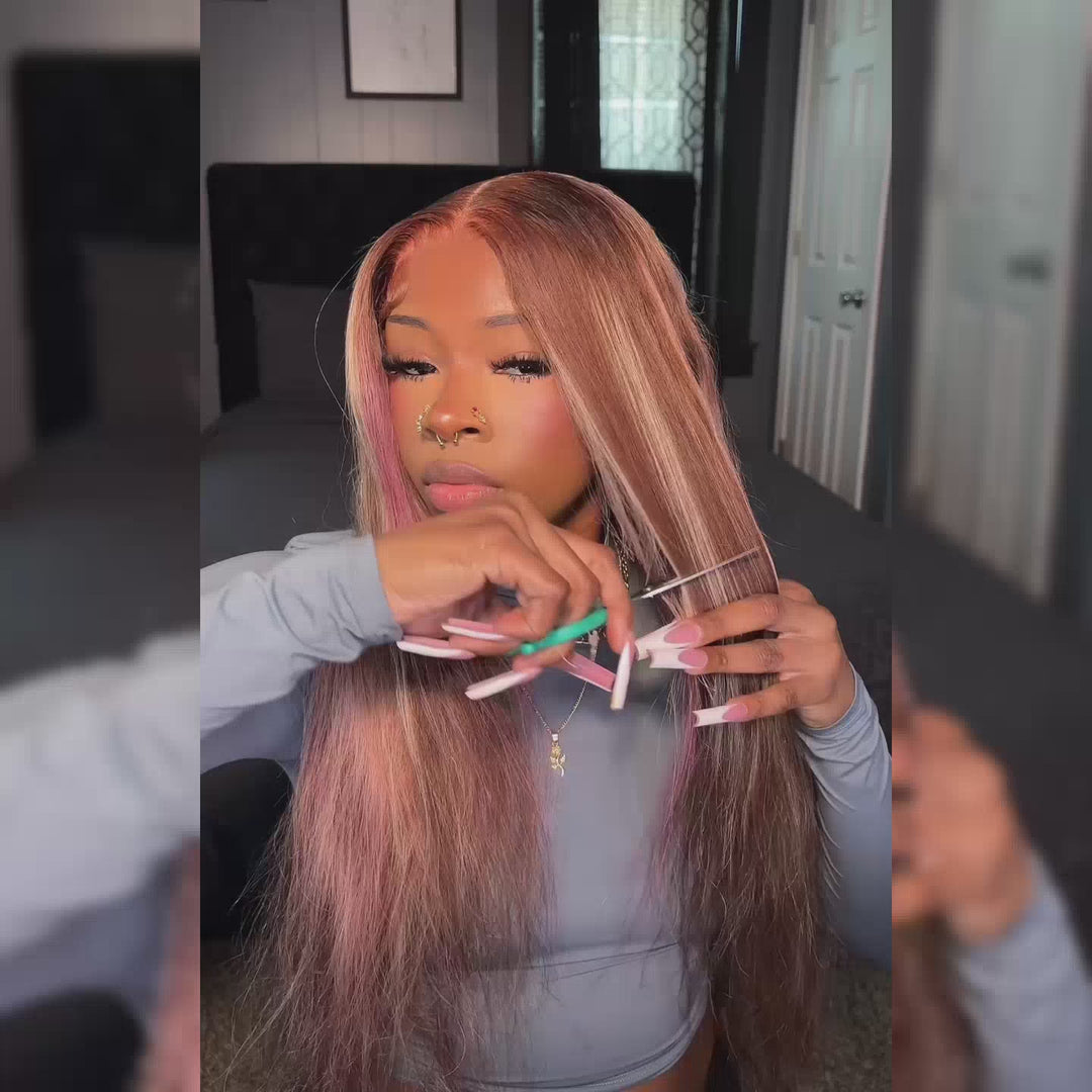 Neapolitan Brown Wig with Pink Highlights 250% 13x4 Body Wave Lace Front Human Hair Wig