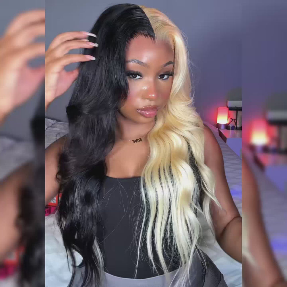 Two Tone Split Color Half 613 Half Black Pink Red 13x4 Straight Lace Front Human Hair Wig install