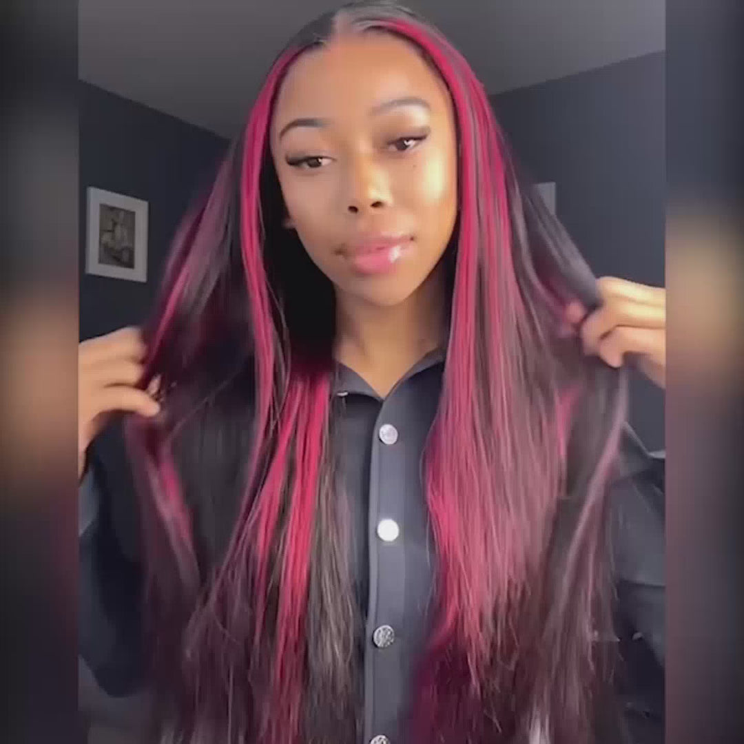 ALIGLOSSY Highlight 1B Burgundy 13x4 Straight Lace Front Human Hair Wigs HD Transparent Lace Wigs