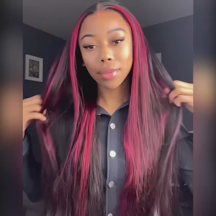 ALIGLOSSY Highlight 1B Burgundy 13x4 Straight Lace Front Human Hair Wigs HD Transparent Lace Wigs