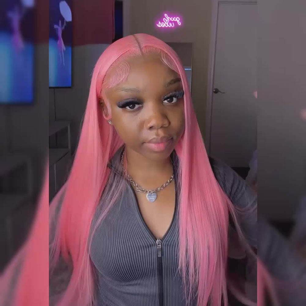 ALIGLOSSY Pink Straight Human Hair Wig 13x4 HD Transparent Lace Front