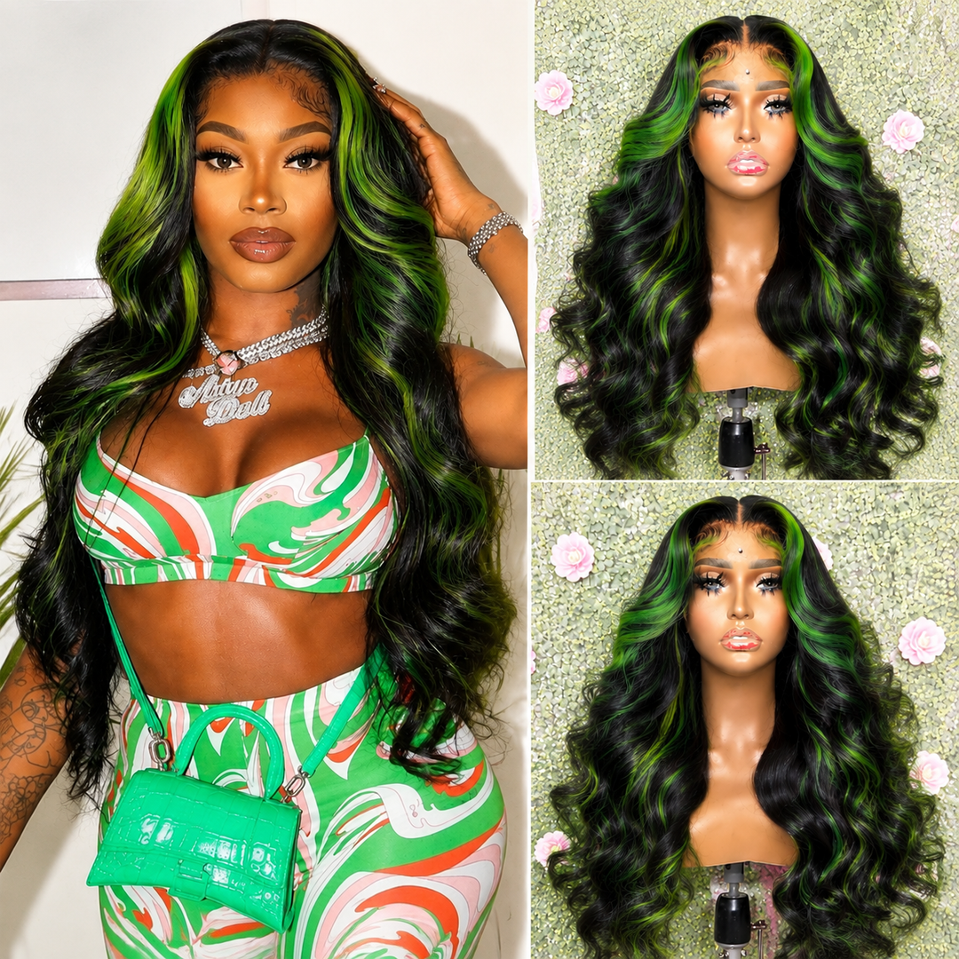 Black Green Skunk Stripe Highlight Wig 
