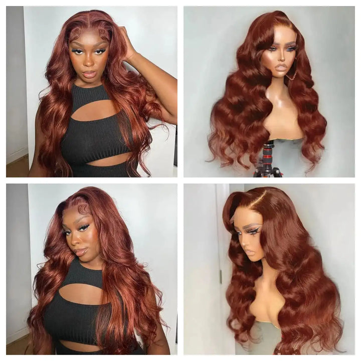 ALIGLOSSY 13X4 Reddish Brown HD Transparent Body Wave Lace Front Wig #33 Wavy Human Hair Wigs