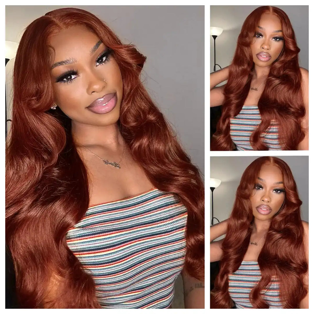 ALIGLOSSY 13X4 Reddish Brown HD Transparent Body Wave Lace Front Wig #33 Wavy Human Hair Wigs
