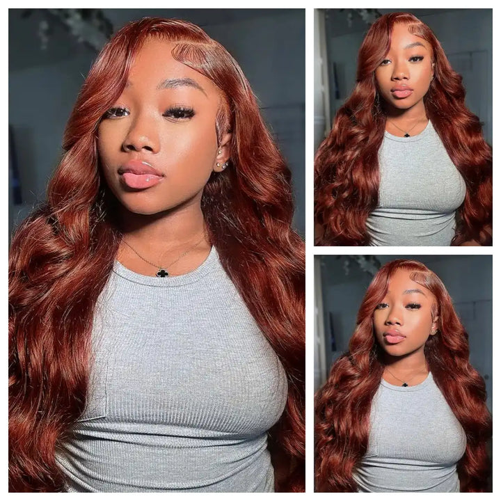 ALIGLOSSY 13X4 Reddish Brown HD Transparent Body Wave Lace Front Wig #33 Wavy Human Hair Wigs