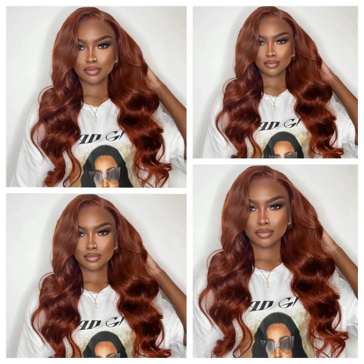 ALIGLOSSY 13X4 Reddish Brown HD Transparent Body Wave Lace Front Wig #33 Wavy Human Hair Wigs