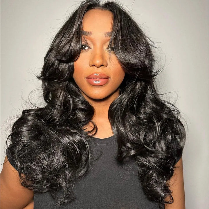 Face-Framing Curtain Bangs Human Hair Wig 250 Density 13X4 13x6 Lace Frontal Body Wave Wavy Wigs With Layers