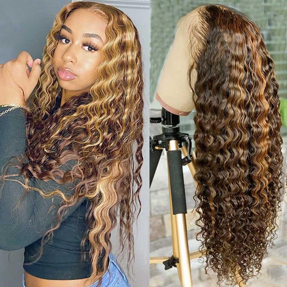 P4/27 Highlight Deep Wave lace front wig, natural looking HD transparent lace